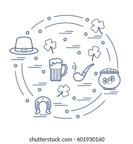 Cute vector illustration with different symbols for St. Patrick's Day arranged in a circle. Design for banner, poster or print. 