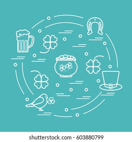 Cute vector illustration with different symbols for St. Patrick's Day arranged in a circle. Design for banner, poster or print. 