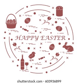 Cute vector illustration with different symbols for Easter arranged in a circle. Including icons of Easter cake, chick, baskets, eggs and other. Design for banner, poster or print. 