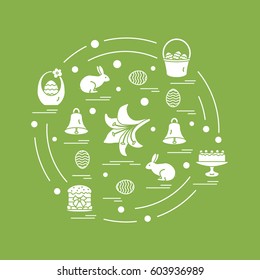 Cute vector illustration with different symbols for Easter arranged in a circle. Including icons of simnel cake, lily, baskets, eggs and other. Design for banner, poster or print.