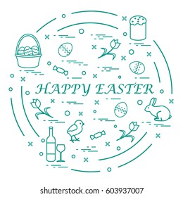 Cute vector illustration with different symbols for Easter arranged in a circle. Including icons of Easter cake, chick, baskets, eggs and other. Design for banner, poster or print. 