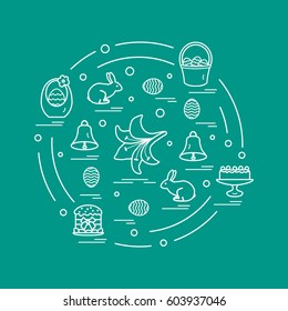 Cute vector illustration with different symbols for Easter arranged in a circle. Including icons of simnel cake, lily, baskets, eggs and other. Design for banner, poster or print.