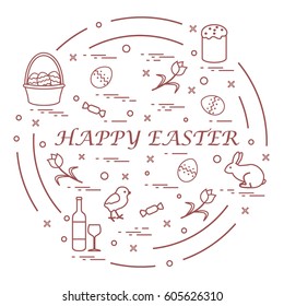 Cute vector illustration with different symbols for Easter arranged in a circle. Including icons of Easter cake, chick, baskets, eggs and other. Design for banner, poster or print. 