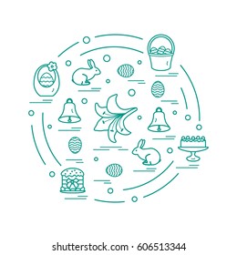 Cute vector illustration with different symbols for Easter arranged in a circle. Including icons of simnel cake, lily, baskets, eggs and other. Design for banner, poster or print.