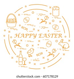 Cute vector illustration with different symbols for Easter arranged in a circle. Including icons of Easter cake, chick, baskets, eggs and other. Design for banner, poster or print. 