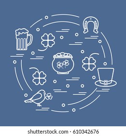Cute vector illustration with different symbols for St. Patrick's Day arranged in a circle. Design for banner, poster or print. 