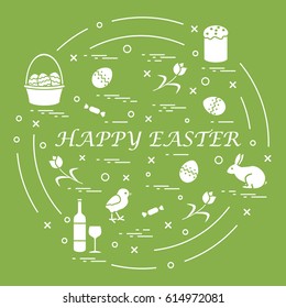 Cute vector illustration with different symbols for Easter arranged in a circle. Including icons of Easter cake, chick, baskets, eggs and other. Design for banner, poster or print. 