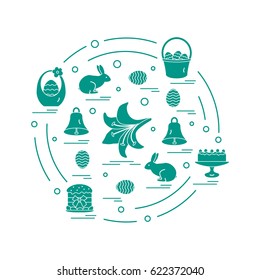 Cute vector illustration with different symbols for Easter arranged in a circle. Including icons of simnel cake, lily, baskets, eggs and other. Design for banner, poster or print.
