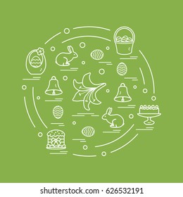 Cute vector illustration with different symbols for Easter arranged in a circle. Including icons of simnel cake, lily, baskets, eggs and other. Design for banner, poster or print.