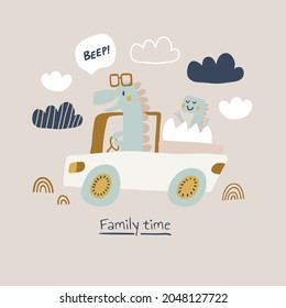 cute vector illustration with dino parent and child riding a car with beep sign. Dinosaur family travelling. Dragon mother and baby iPerfect for kids clothing, textile, print. Kids rabbit illustration