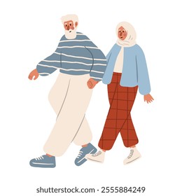 Cute vector illustration of diverse character in everyday urban scenes. People walking dogs, using wheelchair, pushing stroller. Muslim couples, families, individuals of various ages and ethnicities.