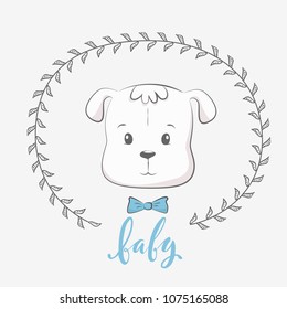 Cute vector illustration with dog baby for baby wear and invitation card with phrase "Baby".