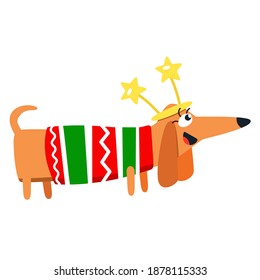 Cute vector illustration. Dog in Christmas outfit.