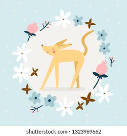 Cute vector illustration with a Dog and Floral Wreath. Lovely greeting card or a poster design. Hand drawn smiley character.