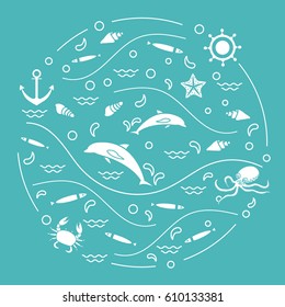 Cute vector illustration with dolphins, octopus, fish, anchor, helm, waves, seashells, starfish, crab arranged in a circle. Design for banner, poster or print.