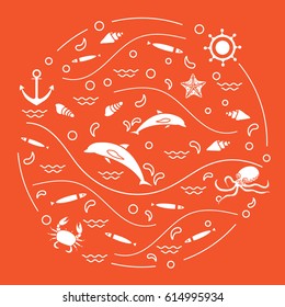 Cute vector illustration with dolphins, octopus, fish, anchor, helm, waves, seashells, starfish, crab arranged in a circle. Design for banner, poster or print.