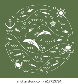 Cute vector illustration with dolphins, octopus, fish, anchor, helm, waves, seashells, starfish, crab arranged in a circle. Design for banner, poster or print.