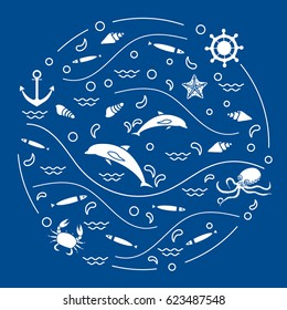 Cute vector illustration with dolphins, octopus, fish, anchor, helm, waves, seashells, starfish, crab arranged in a circle. Design for banner, poster or print.