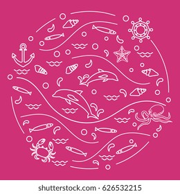 Cute vector illustration with dolphins, octopus, fish, anchor, helm, waves, seashells, starfish, crab arranged in a circle. Design for banner, poster or print.