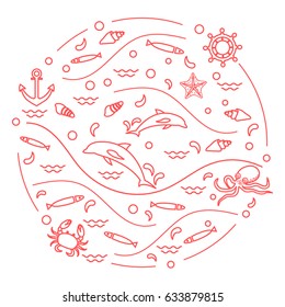 Cute vector illustration with dolphins, octopus, fish, anchor, helm, waves, seashells, starfish, crab arranged in a circle. Design for banner, poster or print.