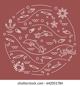 Cute vector illustration with dolphins, octopus, fish, anchor, helm, waves, seashells, starfish, crab arranged in a circle. Design for banner, poster or print.
