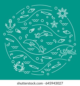 Cute vector illustration with dolphins, octopus, fish, anchor, helm, waves, seashells, starfish, crab arranged in a circle. Design for banner, poster or print.