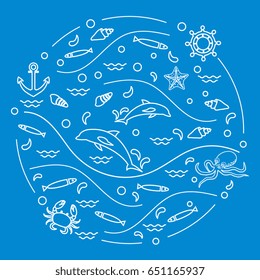 Cute vector illustration with dolphins, octopus, fish, anchor, helm, waves, seashells, starfish, crab arranged in a circle. Design for banner, poster or print.
