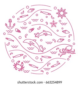 Cute vector illustration with dolphins, octopus, fish, anchor, helm, waves, seashells, starfish, crab arranged in a circle. Design for banner, poster or print.