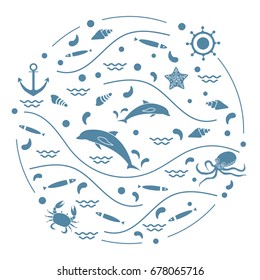 Cute vector illustration with dolphins, octopus, fish, anchor, helm, waves, seashells, starfish, crab arranged in a circle. Design for banner, poster or print.