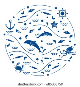 Cute vector illustration with dolphins, octopus, fish, anchor, helm, waves, seashells, starfish, crab arranged in a circle. Design for banner, poster or print.