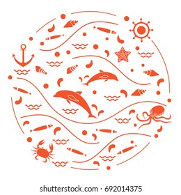 Cute vector illustration with dolphins, octopus, fish, anchor, helm, waves, seashells, starfish, crab arranged in a circle. Design for banner, poster or print.