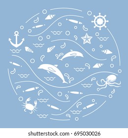 Cute vector illustration with dolphins, octopus, fish, anchor, helm, waves, seashells, starfish, crab arranged in a circle. Design for banner, poster or print.