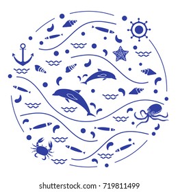 Cute vector illustration with dolphins, octopus, fish, anchor, helm, waves, seashells, starfish, crab arranged in a circle. Design for banner, poster or print.