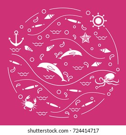 Cute vector illustration with dolphins, octopus, fish, anchor, helm, waves, seashells, starfish, crab arranged in a circle. Design for banner, poster or print.
