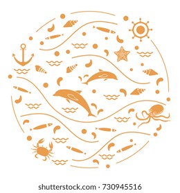 Cute vector illustration with dolphins, octopus, fish, anchor, helm, waves, seashells, starfish, crab arranged in a circle. Design for banner, poster or print.