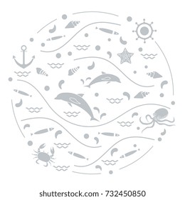 Cute vector illustration with dolphins, octopus, fish, anchor, helm, waves, seashells, starfish, crab arranged in a circle. Design for banner, poster or print.