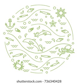 Cute vector illustration with dolphins, octopus, fish, anchor, helm, waves, seashells, starfish, crab arranged in a circle. Design for banner, poster or print.