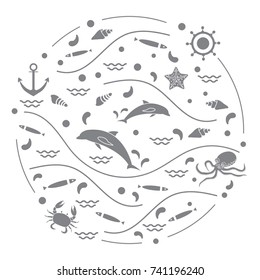 Cute vector illustration with dolphins, octopus, fish, anchor, helm, waves, seashells, starfish, crab arranged in a circle. Design for banner, poster or print.