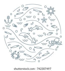 Cute vector illustration with dolphins, octopus, fish, anchor, helm, waves, seashells, starfish, crab arranged in a circle. Design for banner, poster or print.