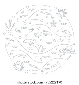 Cute vector illustration with dolphins, octopus, fish, anchor, helm, waves, seashells, starfish, crab arranged in a circle. Design for banner, poster or print.