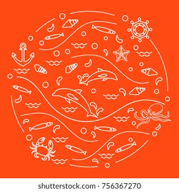 Cute vector illustration with dolphins, octopus, fish, anchor, helm, waves, seashells, starfish, crab arranged in a circle. Design for banner, poster or print.