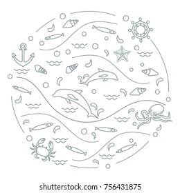 Cute vector illustration with dolphins, octopus, fish, anchor, helm, waves, seashells, starfish, crab arranged in a circle. Design for banner, poster or print.