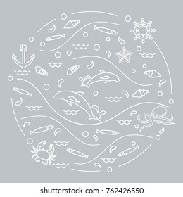 Cute vector illustration with dolphins, octopus, fish, anchor, helm, waves, seashells, starfish, crab arranged in a circle. Design for banner, poster or print.