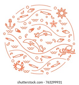 Cute vector illustration with dolphins, octopus, fish, anchor, helm, waves, seashells, starfish, crab arranged in a circle. Design for banner, poster or print.