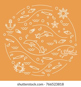 Cute vector illustration with dolphins, octopus, fish, anchor, helm, waves, seashells, starfish, crab arranged in a circle. Design for banner, poster or print.