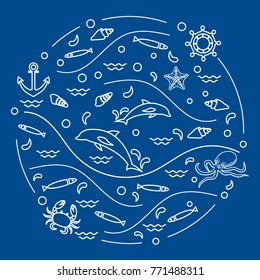 Cute vector illustration with dolphins, octopus, fish, anchor, helm, waves, seashells, starfish, crab arranged in a circle. Design for banner, poster or print.