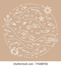 Cute vector illustration with dolphins, octopus, fish, anchor, helm, waves, seashells, starfish, crab arranged in a circle. Design for banner, poster or print.