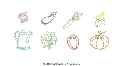A cute vector illustration, done in colored pencil, in the style of a child's drawing, depicting fresh vegetables from the farmers' market. Pumpkin, carrots, corn, pepper, and a watering can are isolated on a white background.