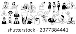 Cute vector illustration doodle character of politics concept, politician giving speech at podium, parliament, activists protest, People go to vote. Outline, black and white ink style sketch.  