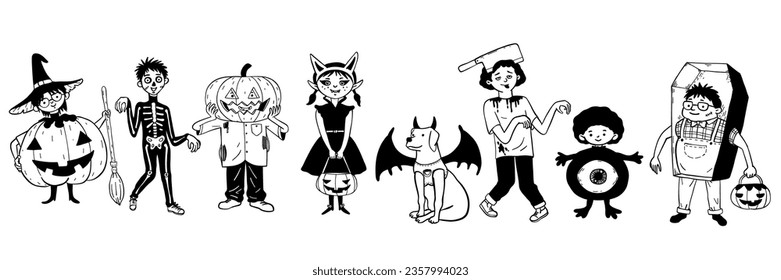 Cuta ilustración vectorial del caricaturismo de los niños con disfraces de Halloween. Estilo de tinta blanco y negro, dibujo a mano, contorno, arte de línea delgada. 